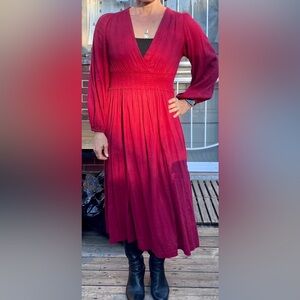 Cotton Poplin Waist-Defined Puff-Sleeve Smocked Embroidered Midi Dress